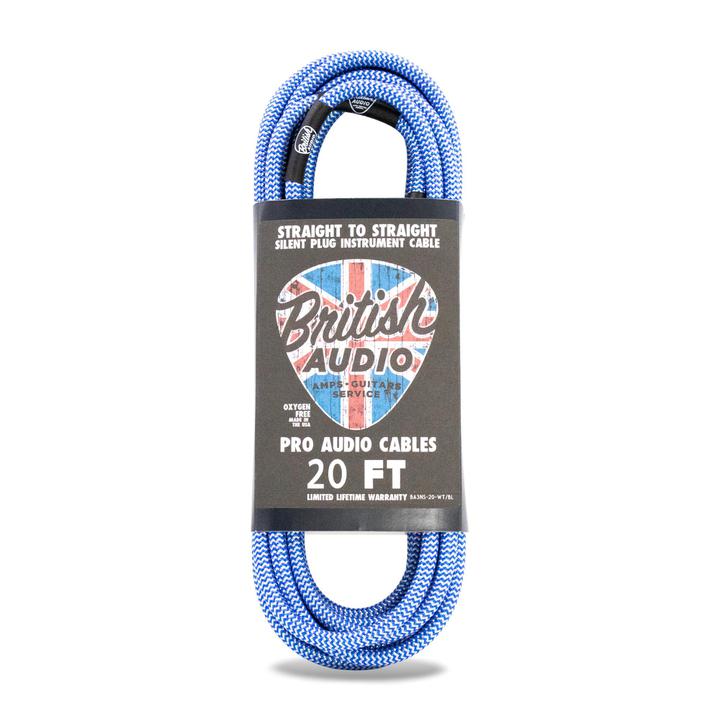 British Audio Pro Performance Silent Instrument Cable - Straight Silent to Straight (White & Blue Braid) - British Audio