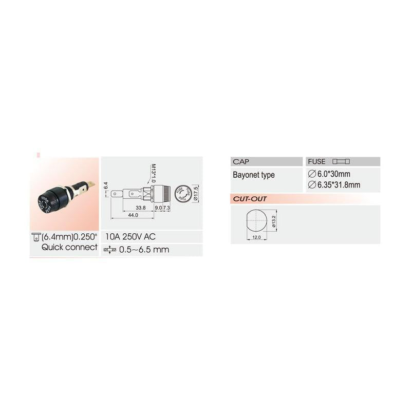 Fuse Holder 3AG-Type 1/4 x 1-1/4 for Guitar and Bass Amps - 10A 250 VAC