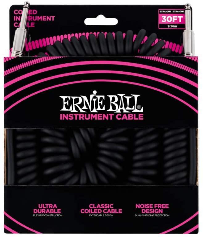 Ernie Ball 30' Coiled Straight / Straight Instrument Cable - Black-P06044