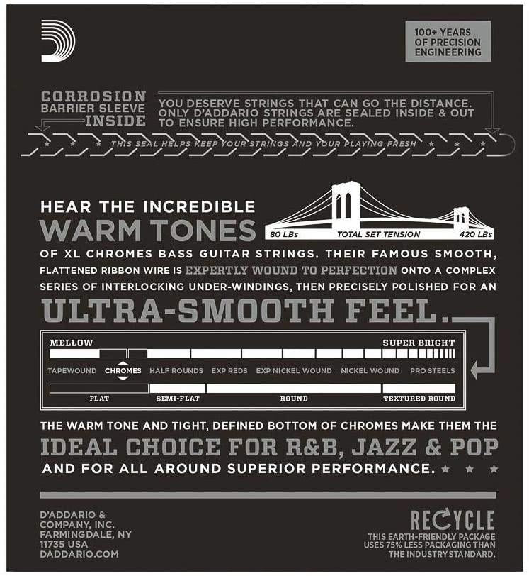 D'Addario XL Chromes Flat Wound Bass Guitar Strings - ECB81SL - Super Long Scale - Regular Light, 45-100