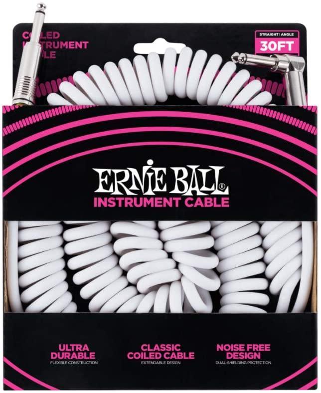 Ernie Ball 30' Coiled Straight / Angle Instrument Cable - White-P06045