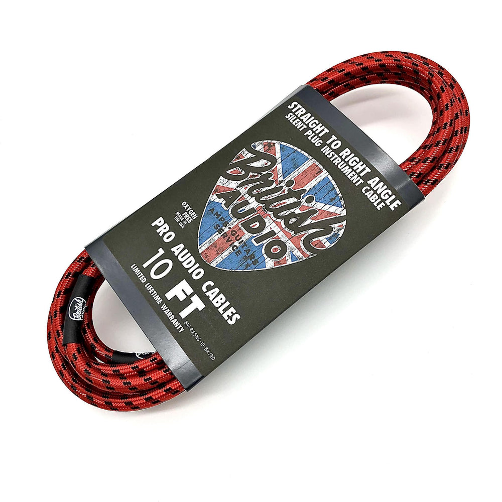 British Audio Pro Performance Silent Instrument Cable - Right Angle Silent to Straight (Red & Black Braid) - British Audio