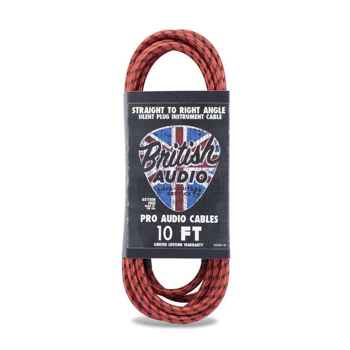 British Audio Pro Performance Silent Instrument Cable - Right Angle Silent to Straight (Red & Black Braid) - British Audio